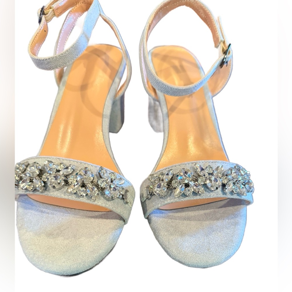 Light blue jeweled suede heels